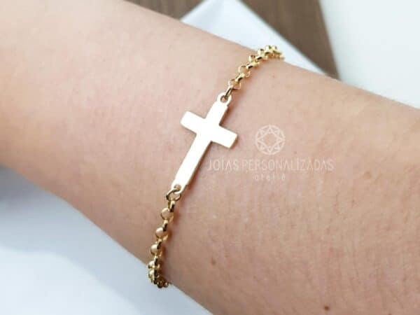 Pulseira Portuguesa em Ouro 18k com cruz lisa - PL005