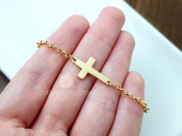 Pulseira Portuguesa em Ouro 18k com cruz lisa - PL005