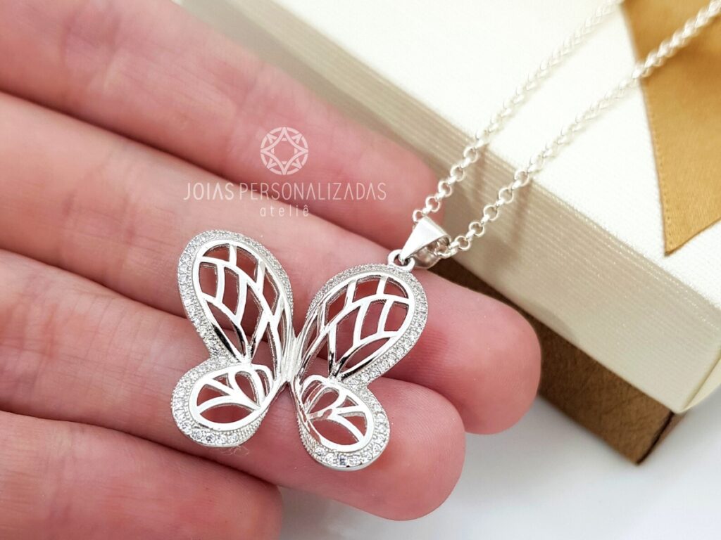 corrente elo português em prata com pingente de borboleta