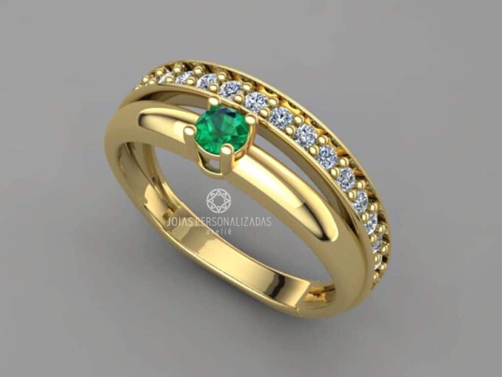 anel de formatura feminino em Ouro com esmeralda e brilhantes