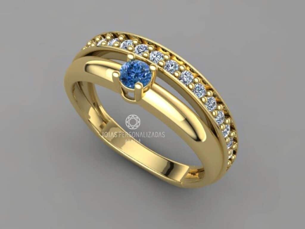 anel de formatura feminino em Ouro com safira e brilhantes