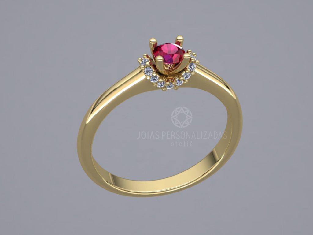 anel feminino de formatura em ouro 18k com pedra redonda e brilhantes