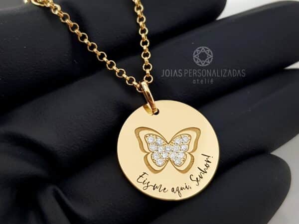 Corrente portuguesa em Ouro 18k com pingente de borboleta cravejado com brilhantes