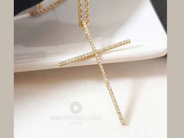 corrente elo português em ouro 18k com cruz cravejada de brilhantes