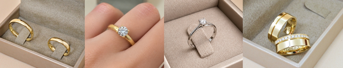 alianças em ouro e aneis solitários. Joias para comemoração de bodas de casamento