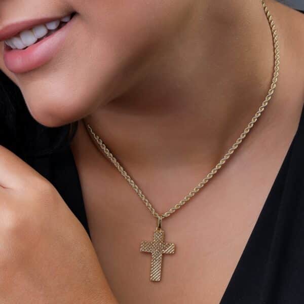 Corrente Corda (baiana) Feminina em Ouro 18k + Pingente de Cruz em 3D