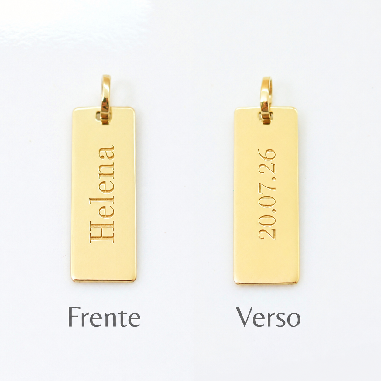 pingente personalizado em ouro 18k em formato de placa 7x20 com gravação frente e verso.